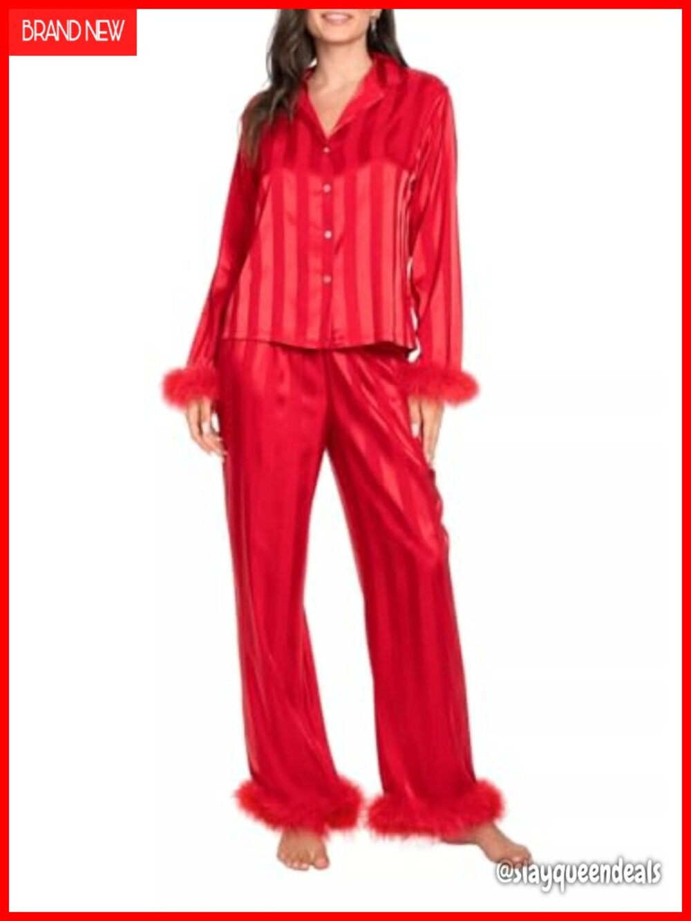 Feather Trim Satin Pajama Set Long Sleeve Button Down Top Wide Leg Pants